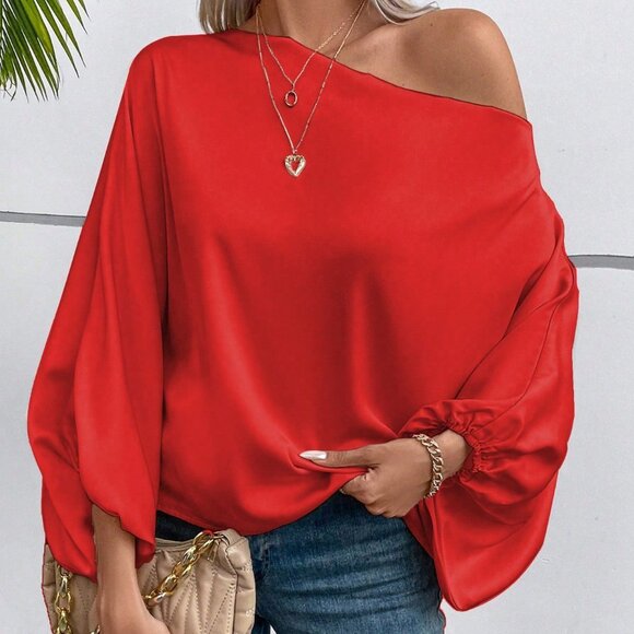Tops - Red Orange Casual Women's One Shoulder Lantern Sleeve Blouse